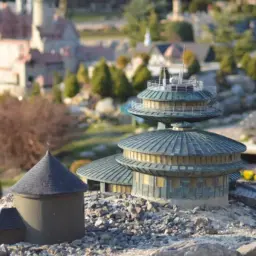 Miniaturowa architektura w parku miniatur Wrocław. Widać tu okrągłe budynki z metalowymi dachami i zamek w tle.