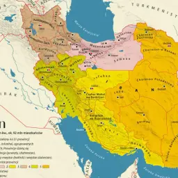 Mapa administracyjna Iranu, dawnej Persji, z zaznaczonymi prowincjami, stolicami i granicami.